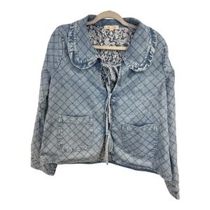 Doe and Rae Womens Quilted Denim Jacket Blue Floral Lined Tie Front Large